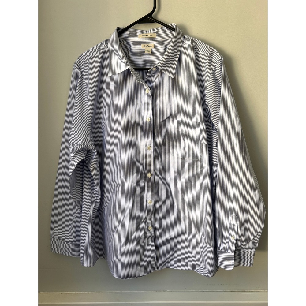 LL Bean Wrinkle Free Pinstripe Button Down Shirt Blue White 2X Cotton LongSleeve